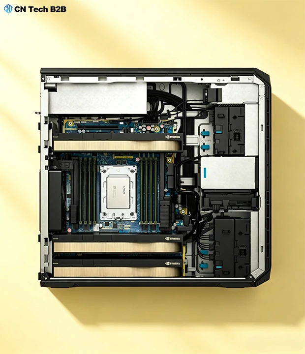 Top-down internal view of HP Z6 G5 workstation, showing multi-GPU expansion, dual CPU sockets, high-capacity memory, and tool-less design