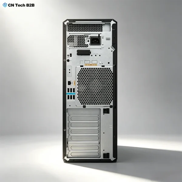 Rear view of HP Z6 G5 workstation, showing rear I/O ports, PCIe expansion slots, power supply, and industrial mounting points