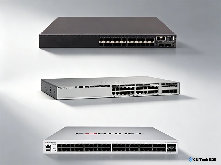 Side-by-side comparison photo of H3C S6520X, Cisco C9200X and Fortinet FS-348E 10G layer3 aggregation enterprise switches for campus & data center networking