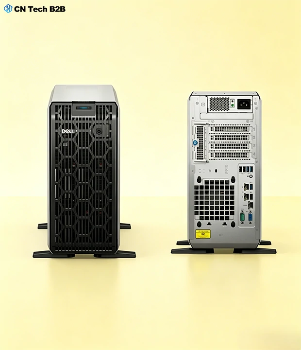 Front and rear comparison view of Dell PowerEdge T360 tower server, showing ports, slots and drive bays