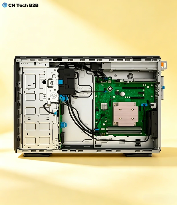 Internal view of Dell PowerEdge T360 tower server showing motherboard, DDR5 memory slots, CPU heatsink and storage bays