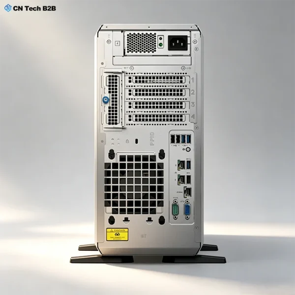 Rear panel view of Dell PowerEdge T360 tower server with 1GbE ports, PCIe slots and redundant power options