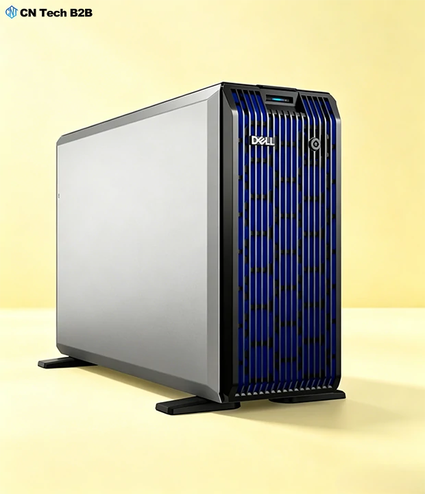 Side profile view of Dell PowerEdge T360 tower server, compact and quiet office-friendly design for small businesses