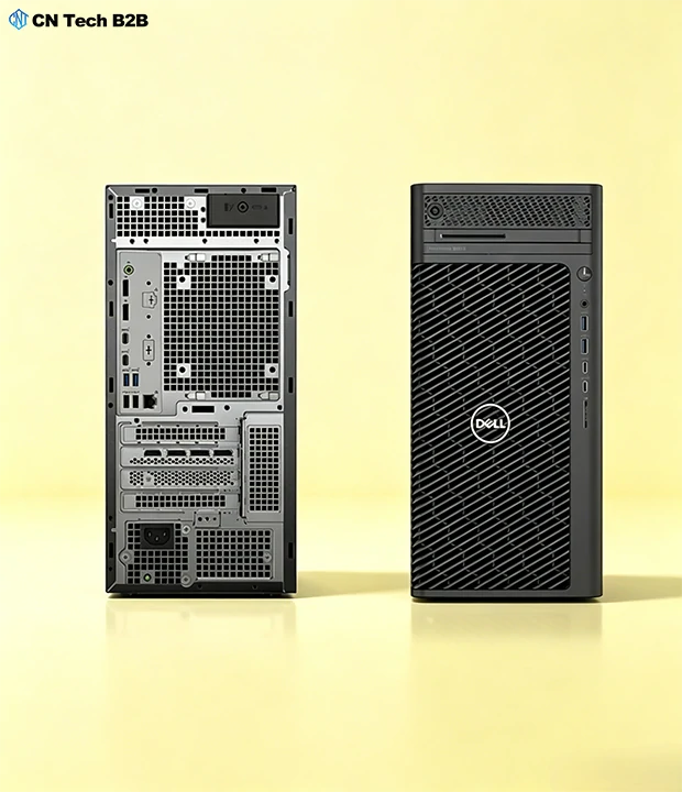 Front and rear comparison view of Dell Precision 3680 tower workstation, showing ports, slots and drive bays for design and engineering use