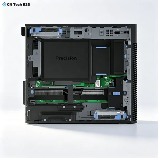 Dell Precision 3680 Internal Layout,CPU, Memory & Storage Architecture Internal view of Dell Precision 3680 tower workstation showing motherboard, DDR5 memory slots, CPU heatsink and storage bays