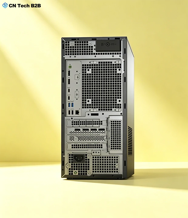 Rear panel view of Dell Precision 3680 tower workstation, showing ports, PCIe slots and power supply for professional graphics and storage upgrades