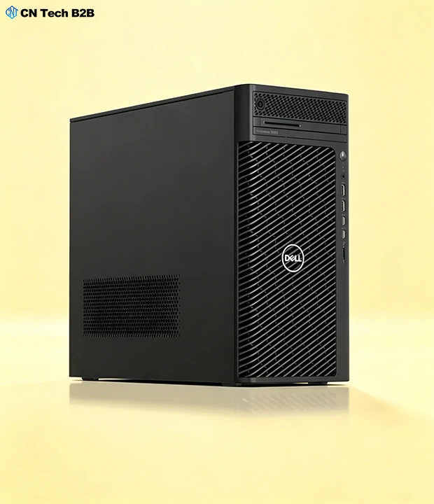 Side profile view of Dell Precision 3680 tower workstation, compact and quiet office-friendly design for design and engineering teams