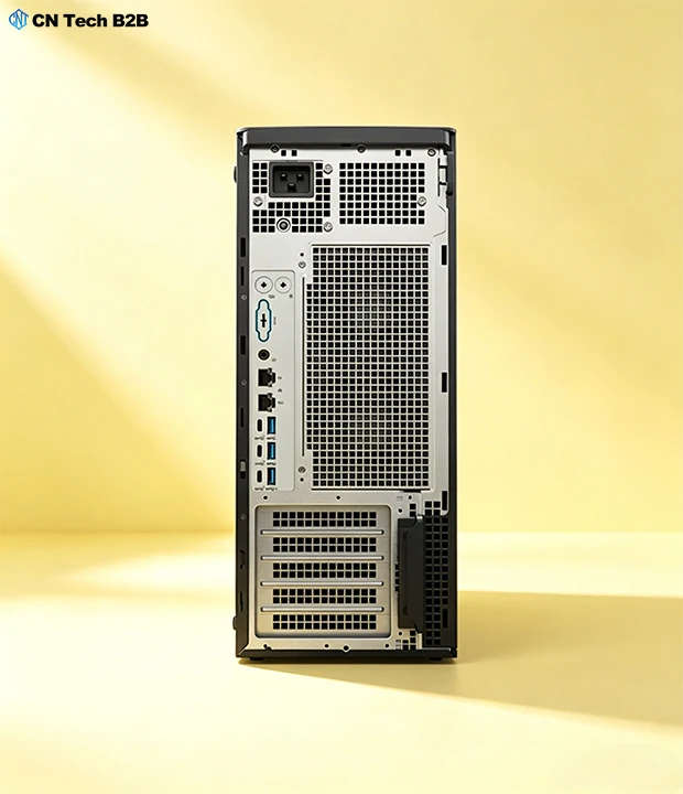 Complete rear I/O panel of Dell Precision T5860 tower workstation with 10Gb LAN, PCIe Gen4 expansion slots and multi-monitor video outputs