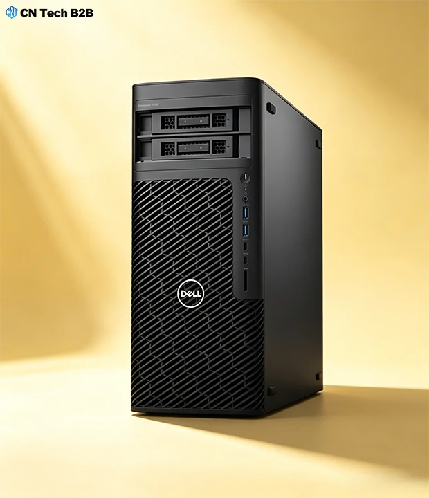 Side profile of Dell Precision T5860 mid tower workstation with dual front storage bays, quiet compact chassis for design office environments