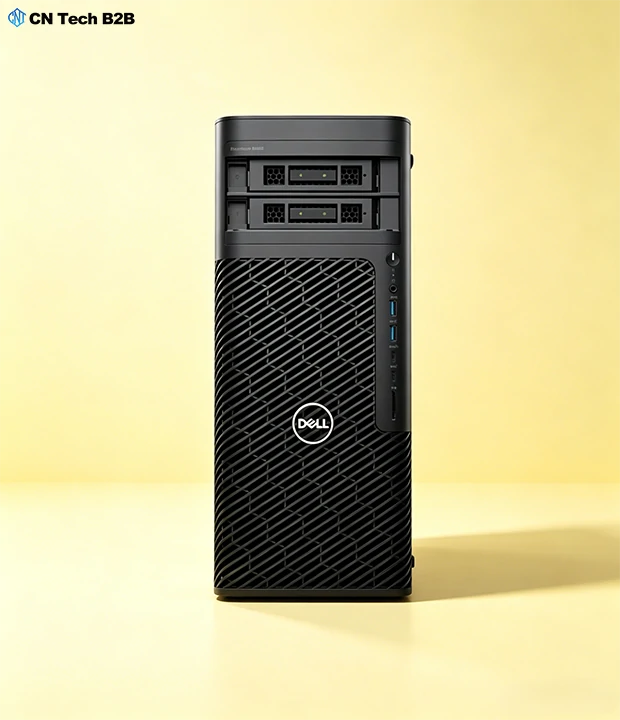 Straight front view of Dell Precision T5860 workstation with dual lockable storage bays, front USB-C and fast-access media ports