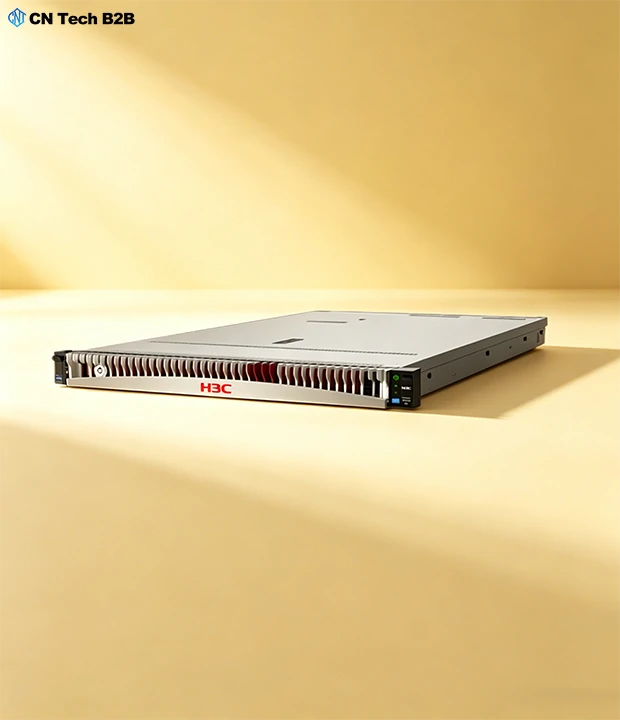 Front detailed shot of H3C R4700 G6 1U server 4×2.5-inch hot-swap drive bays with red indicator ring under warm yellow backdrop