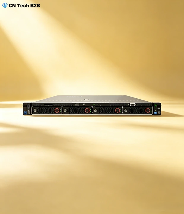 Front detailed shot of H3C R4700 G6 1U server 4×3.5-inch hot-swap drive bays with red indicator ring under warm yellow backdrop