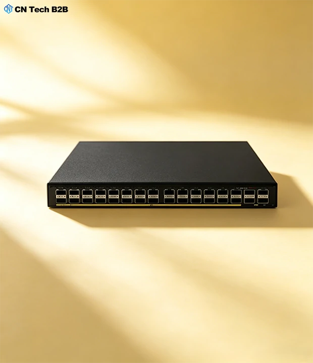 Yellow background studio shot of 1U rackmount H3C S6550X-32H-HI 25G SFP28 ToR switch for compact data center server cabinet