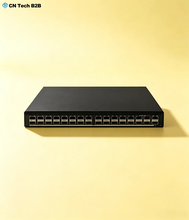 Yellow background detail shot of H3C S6550X-32Q-HI full 100G QSFP28 spine switch for cloud IDC and HPC high performance computing network