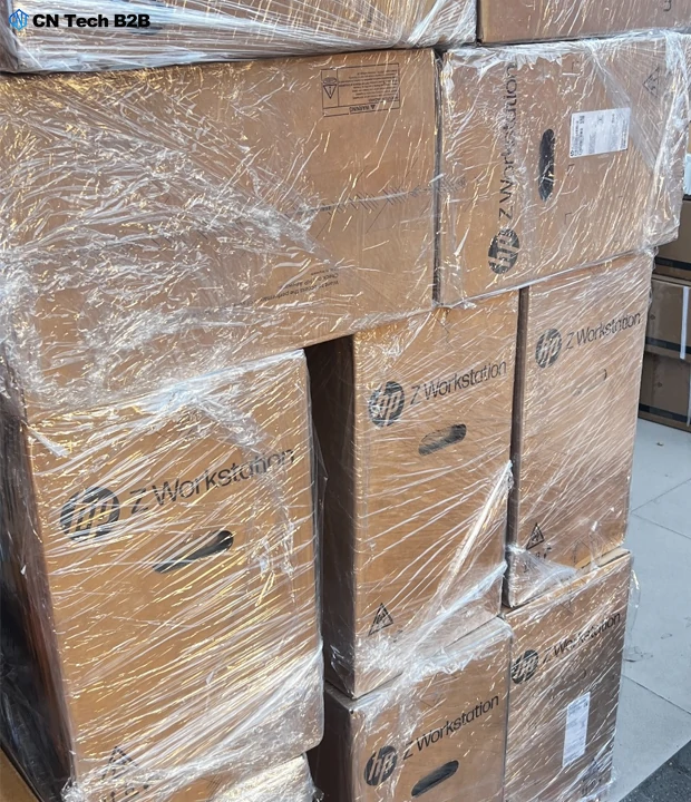 Bulk stacked factory-sealed original HP Z Workstation cartons for B2B wholesale and corporate bulk procurement