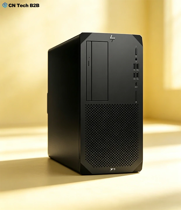 Angled front-side shot of durable matte black HP Z2 G9 Tower Workstation for enterprise design studio deployment