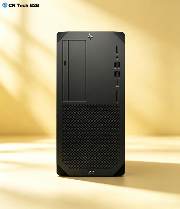 Straight front panel view of HP Z2 G9 Tower Workstation with built-in USB Type-C and multi-media peripheral ports