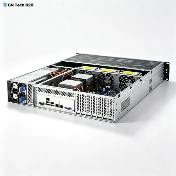 Angled view of CNETX-S26508 2U server chassis for rack deployment