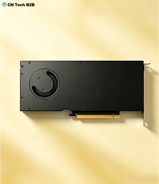 NVIDIA RTX 4000 Ada 20GB graphics card metal backplate overhead shot warm cream background blower fan
