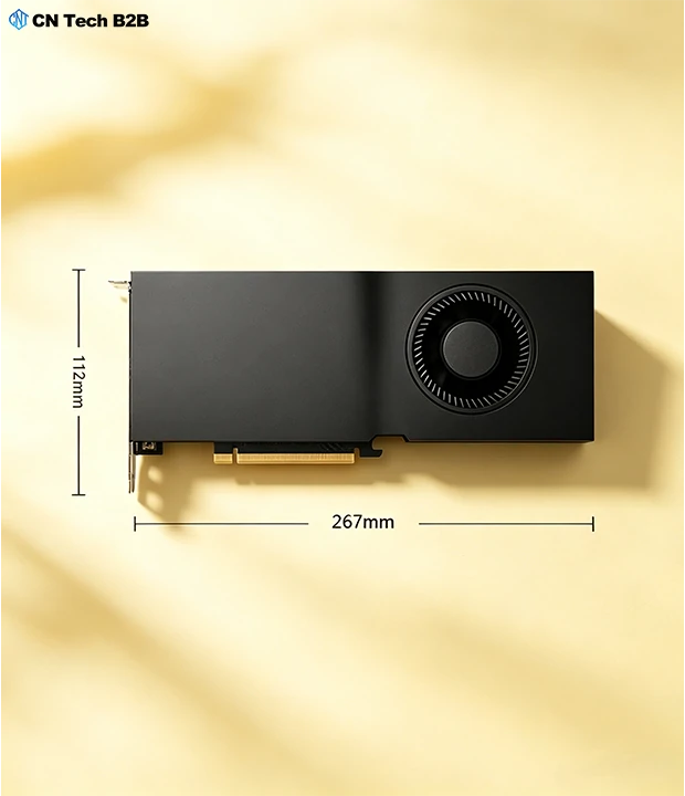 NVIDIA RTX 4500 Ada 24GB GPU dimension spec overhead view labeled 267mm length 112mm single slot form factor