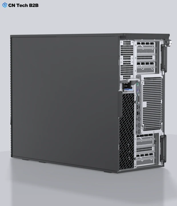 Dell Precision 7960 right side showing PCIe expansion slots, drive bays, and tool-free access design