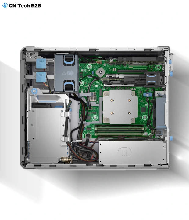 Dell PowerEdge T160 internal layout showing CPU cooler, DDR5 memory slots, BOSS-N1 NVMe boot drive and drive bays