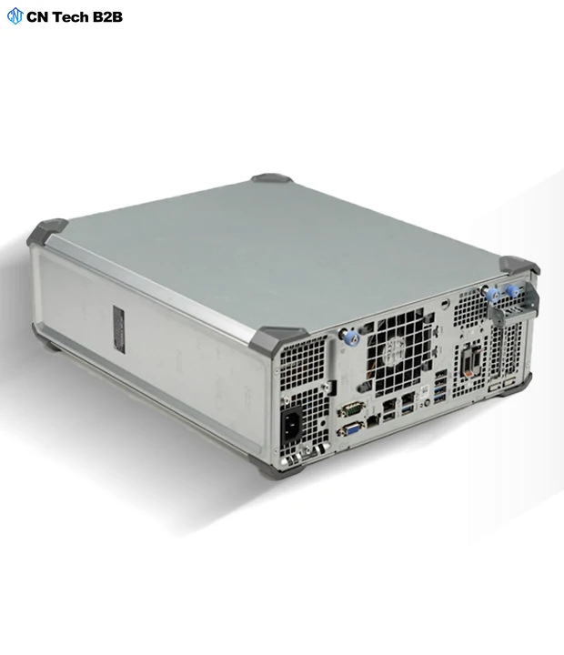Dell PowerEdge T160 rear-side view showing power supply, I/O connectors, iDRAC port and cooling grille