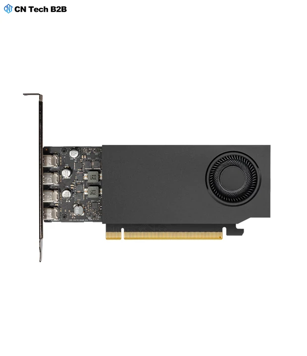 NVIDIA RTX A400 4GB GPU I/O bracket close-up with 4 Mini DisplayPort connectors and turbo fan heatsink