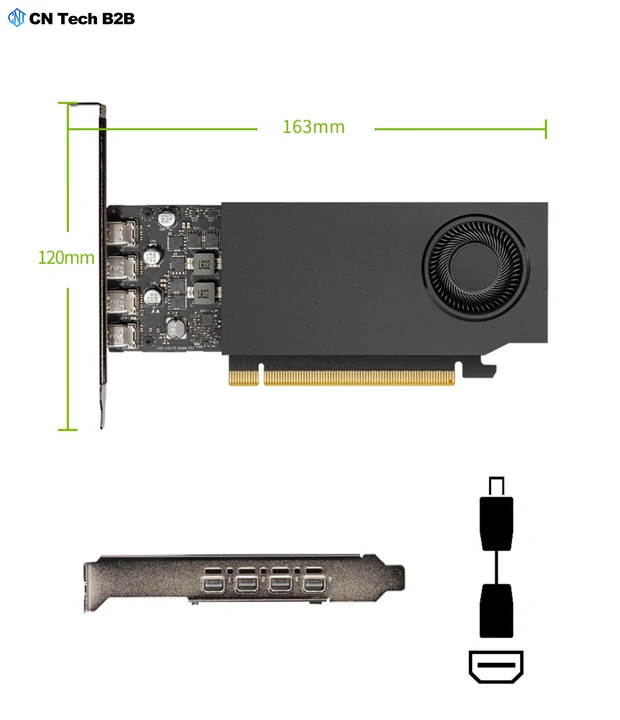 NVIDIA RTX A400 4GB GPU multi-angle view showing 4 Mini DisplayPort outputs and turbo fan cooling system