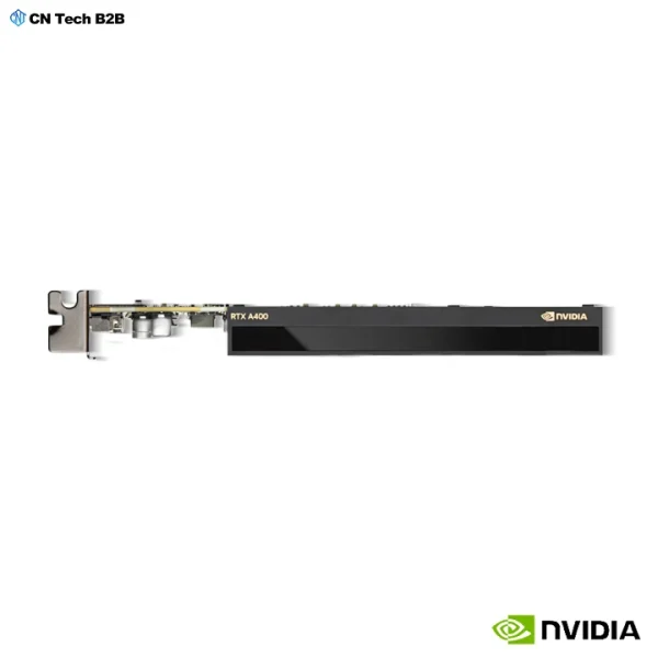 NVIDIA RTX A400 4GB GPU — Angled Side Profile Highlighting Compact Single-Slot Chassis and NVIDIA Branding NVIDIA RTX A400 4GB GPU angled side view showing single-slot profile, branding and compact chassis design