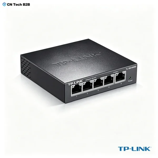 TP-Link TL-SG1005D all-metal chassis angled view for desktop or wall mount installation