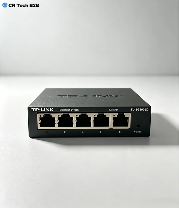 Close-up of TL-SG1005D RJ45 Gigabit ports with Link Act LED status lights and power indicator