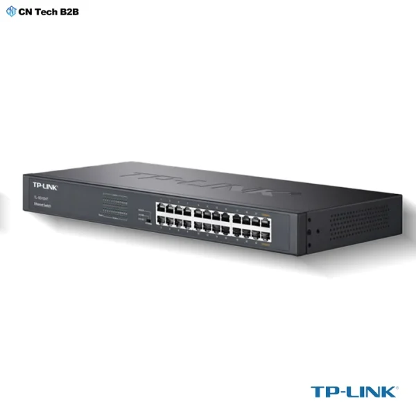 TP-Link TL-SG1024T front panel showing 24 Gigabit RJ45 ports, LED indicators, and mode switch
