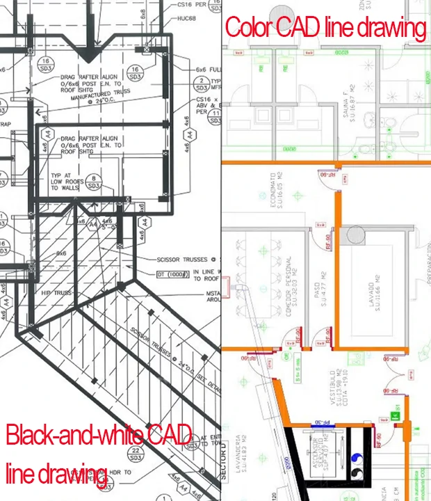 HP DesignJet T850 MFP black and white versus color CAD line drawing print quality comparison