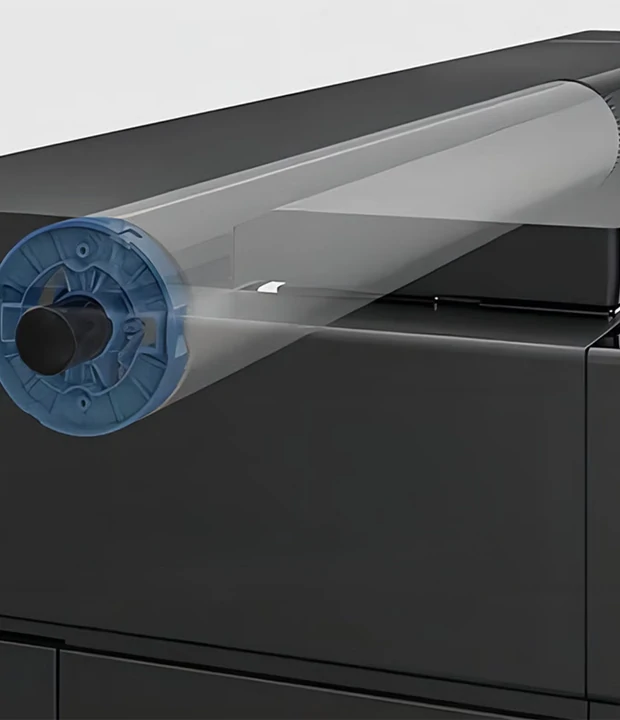 HP DesignJet T850 MFP roll paper feed mechanism close-up showing automatic media handling