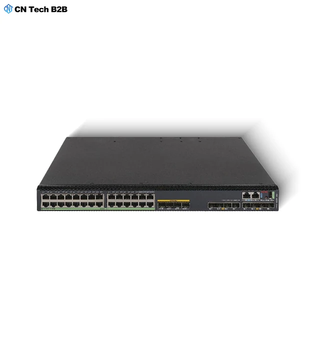 Detailed view of H3C S5590-28T8XC-EI switch ports showing 24 GE RJ45, 4 Combo, and 8 10GE SFP+ interfaces